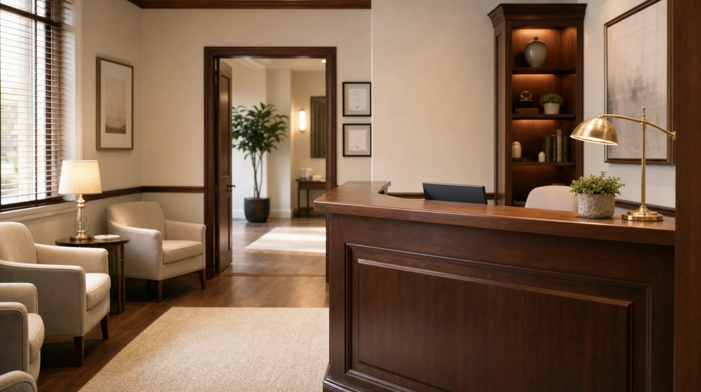 Warm, classic reception area at True North Chiropractic with a wood front desk